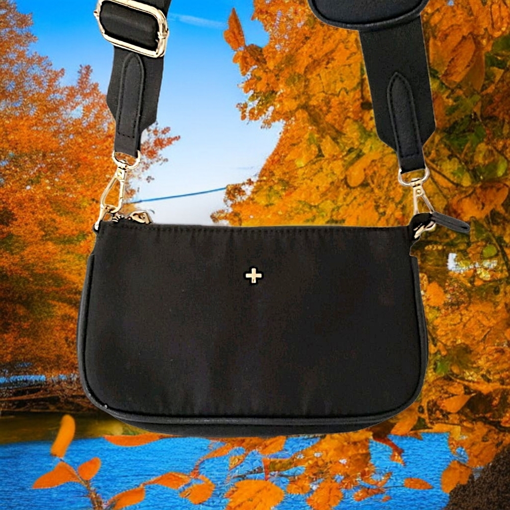 Peta + Jain Marmont Crossbody Bag Black Nylon Adjustable Gold‎ Tone Minimalist.